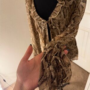 H&M Snake-Print Ruffle Tie-Front Blouse - Tan & Brown